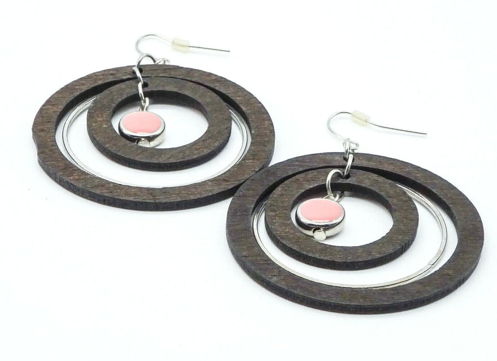 Large Wooden Spinner Circles Pierced Earrings 2" Silver tone Pink Enamel 