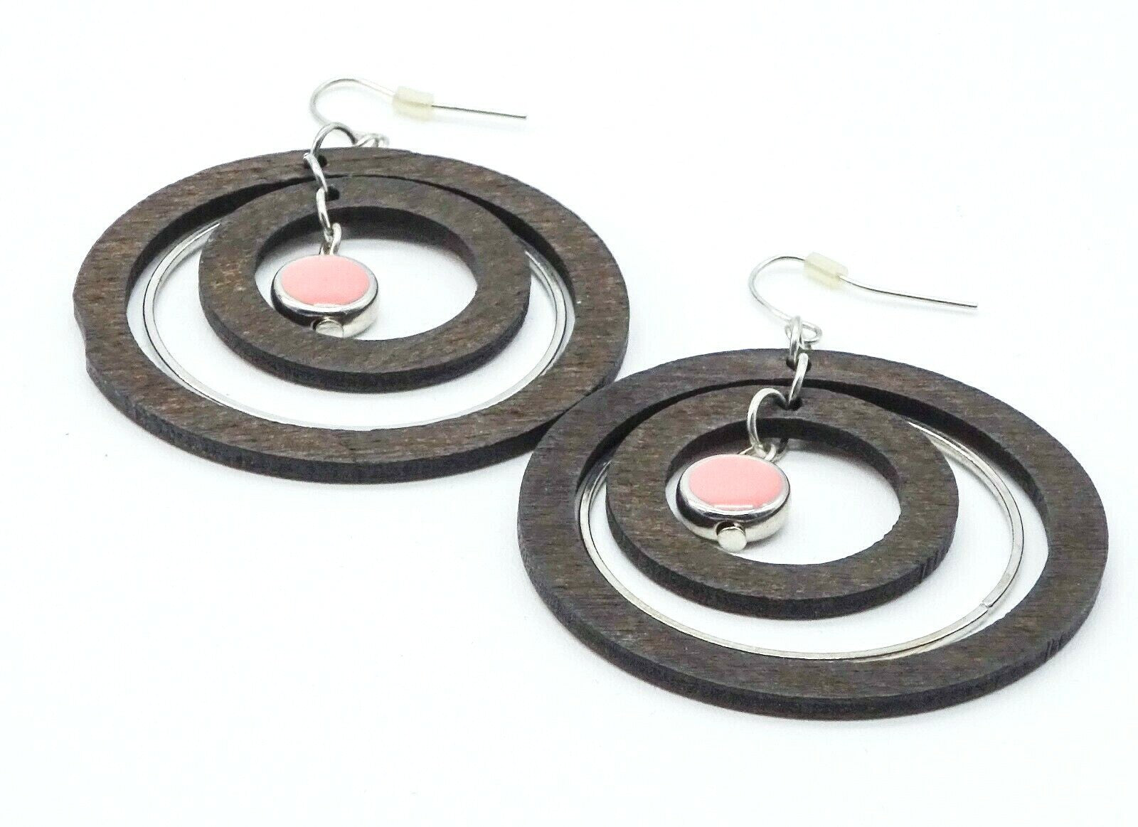Large Wooden Spinner Circles Pierced Earrings 2" Silver tone Pink Enamel 