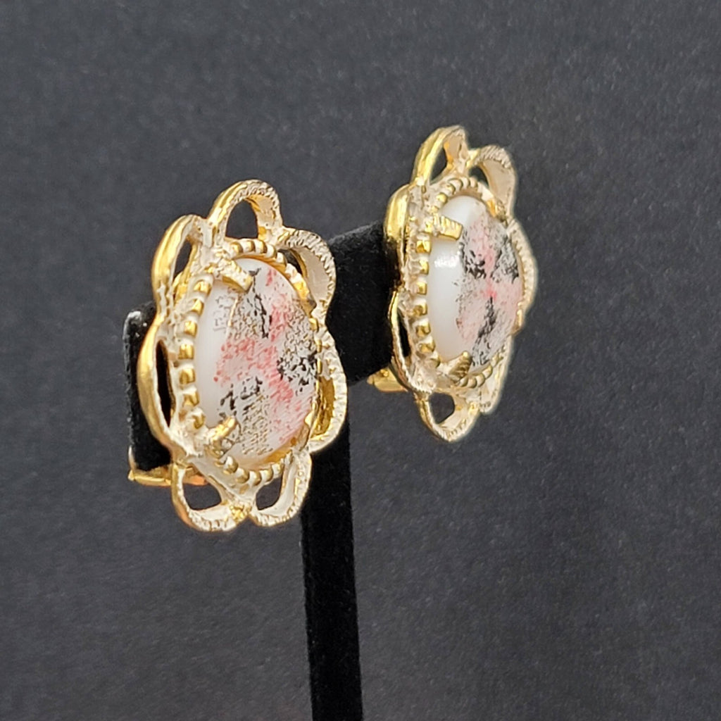 Vintage Clip on Earrings Gold tone White Pink Black Enamel Drop 1 1/8"