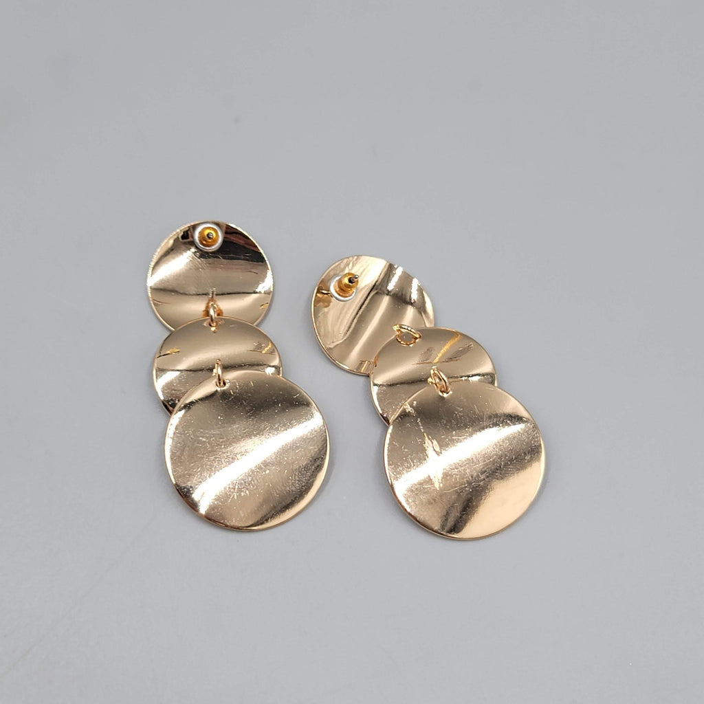 Polished Gold tone Pierced Earrings Triple Dangle Discs 2"