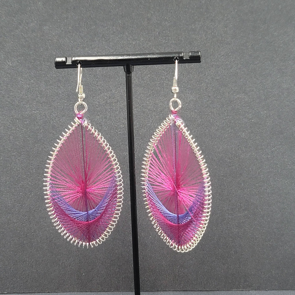 Pierced Earrings Silver tone Pink Purple String Art Dangle 2.5"