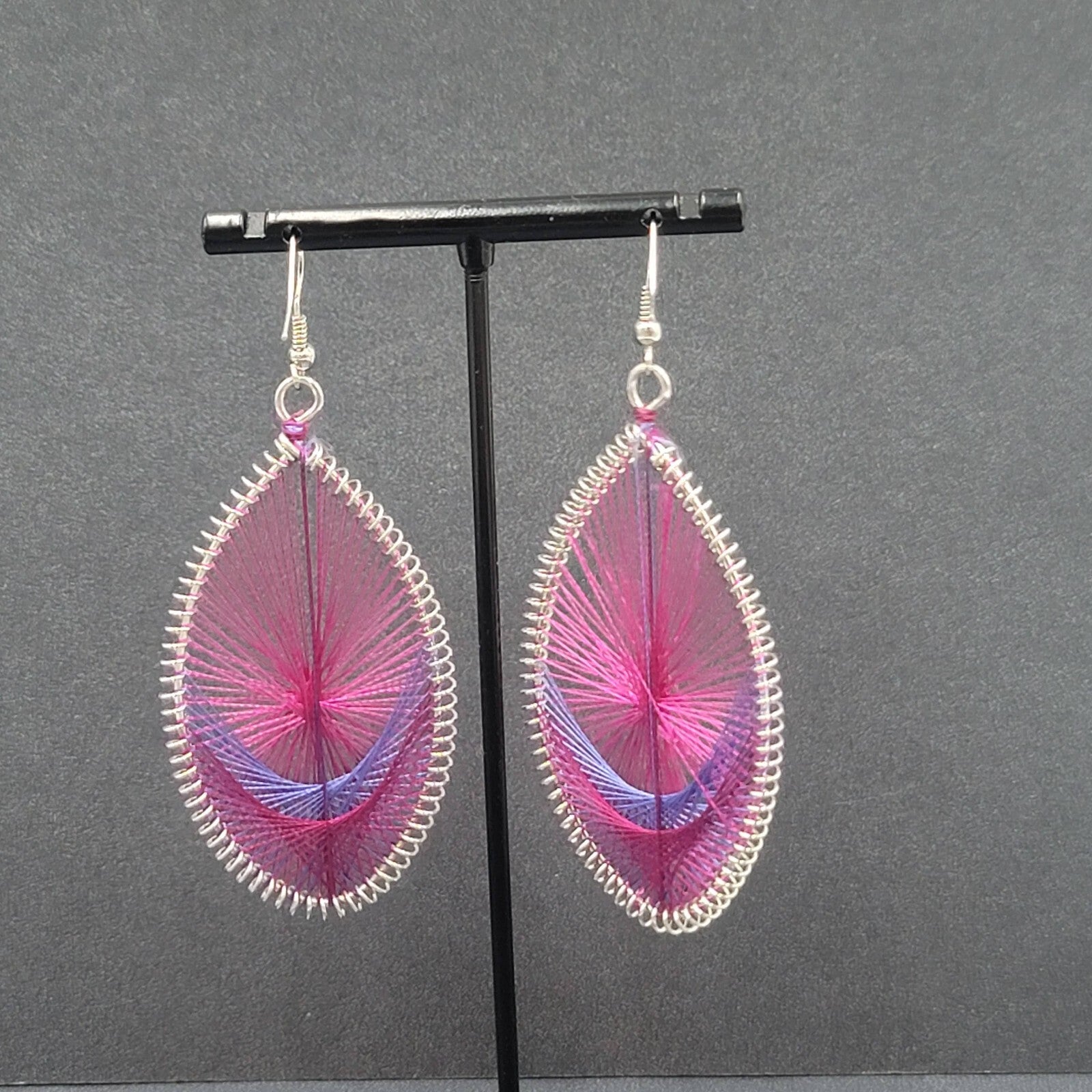 Pierced Earrings Silver tone Pink Purple String Art Dangle 2.5"