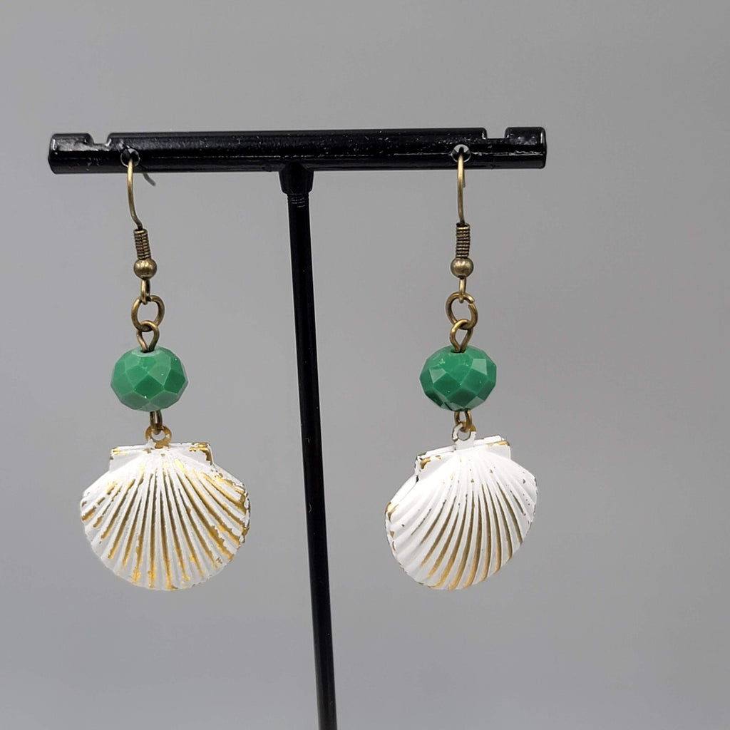 Pierced Earrings Bronze tone Green Bead Metal White Seashell Dangle 1 5/8"