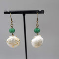 Pierced Earrings Bronze tone Green Bead Metal White Seashell Dangle 1 5/8"