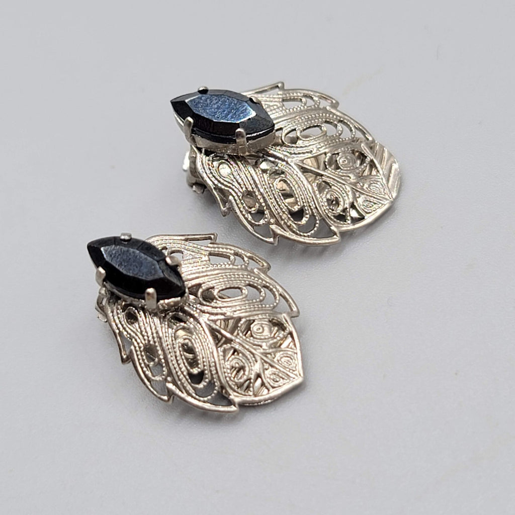 Vintage Filigree Black Rhinestone Clip on Earrings Silver tone 3/4"