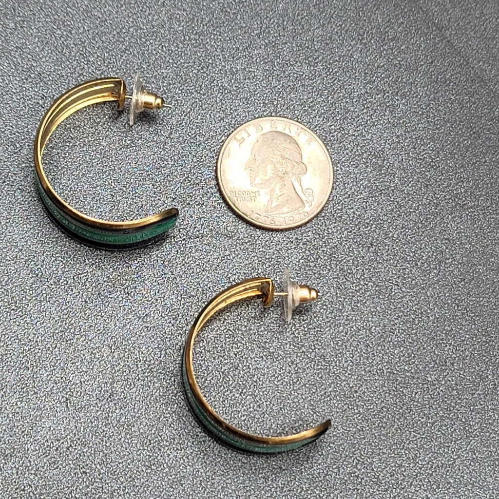 Vintage Pierced Earrings Gold tone Green Black Enamel Hoops 1.25"