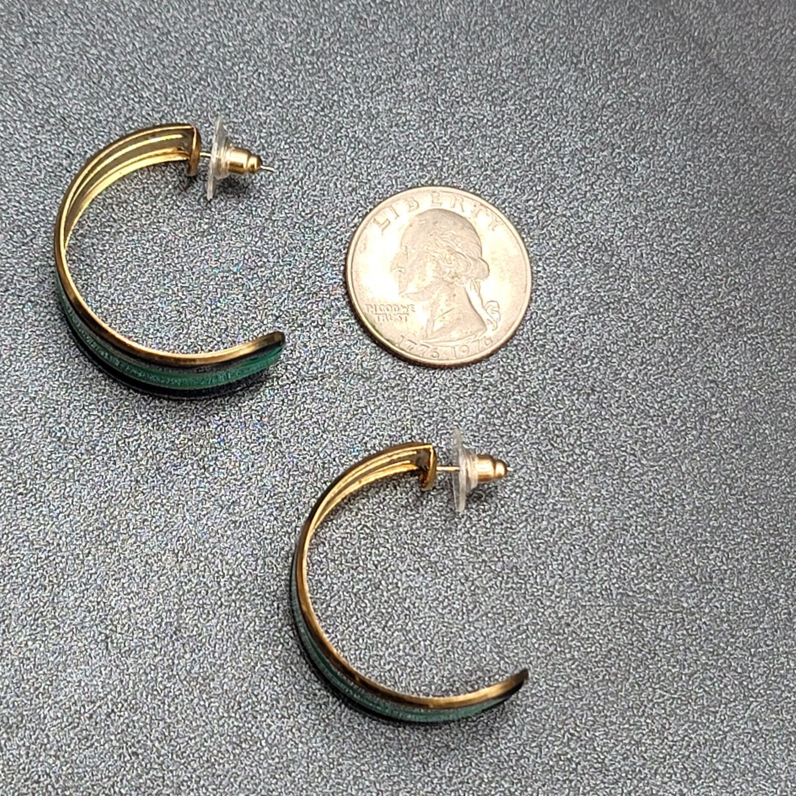 Vintage Pierced Earrings Gold tone Green Black Enamel Hoops 1.25"