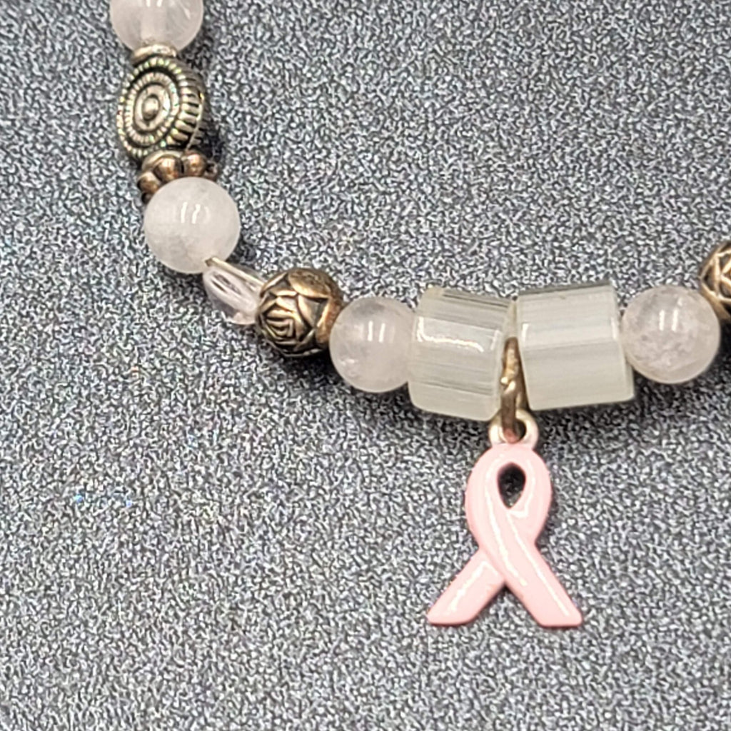 Sterling Breast Cancer Awareness Charm Bracelet Silver tone Beaded 7"