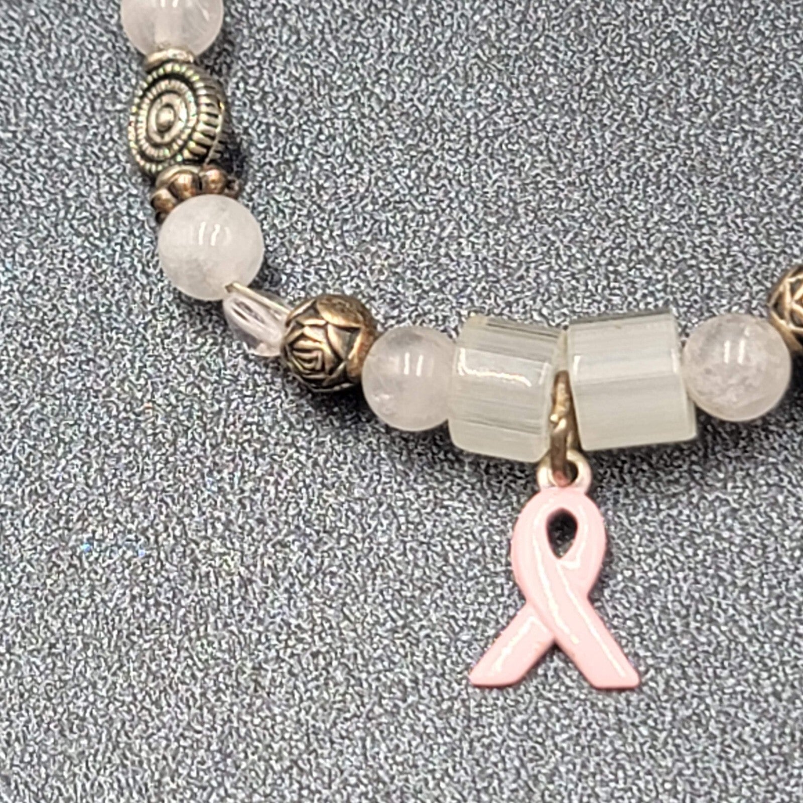 Sterling Breast Cancer Awareness Charm Bracelet Silver tone Beaded 7"