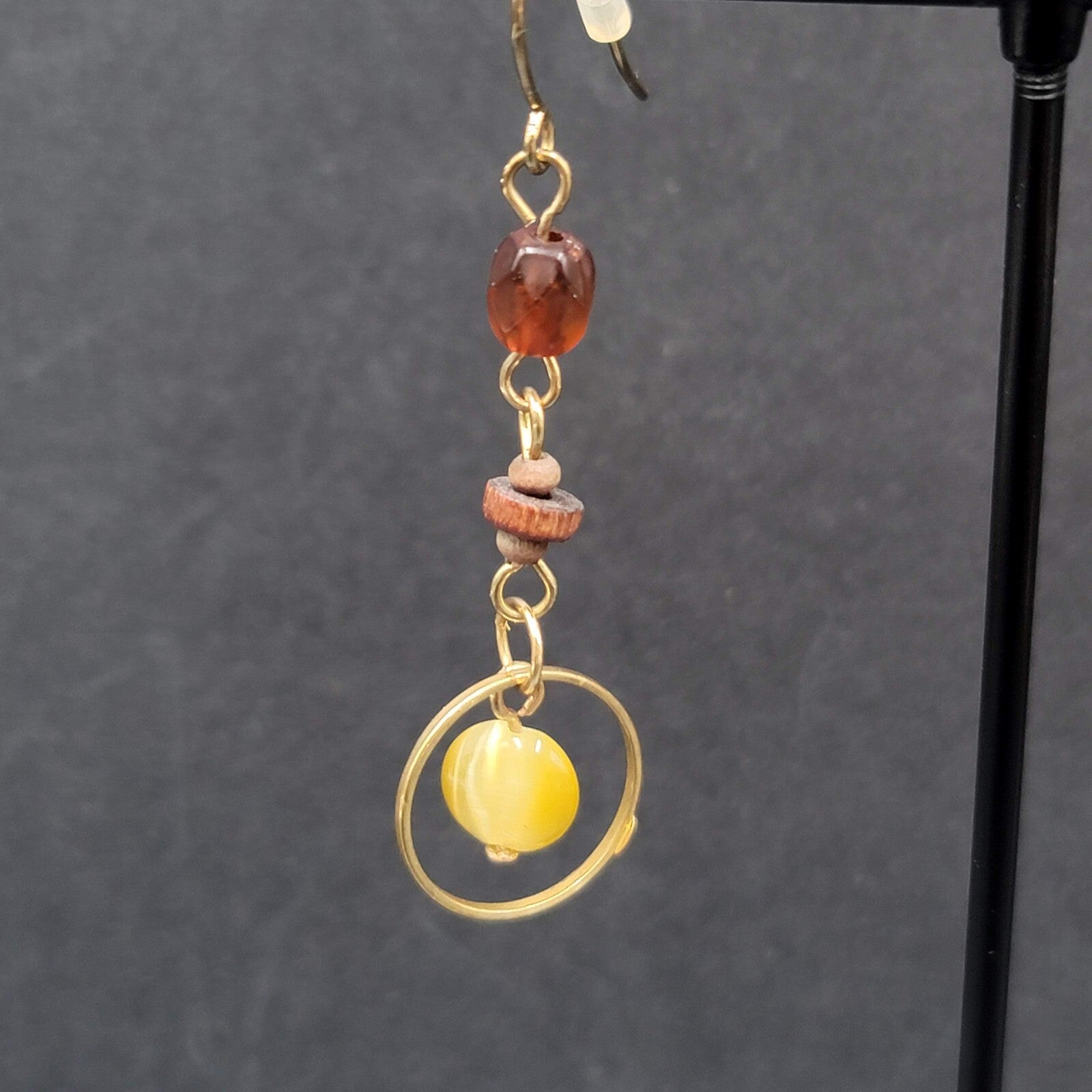 Pierced Earrings Gold tone Beaded Wood Dangle 1.75"