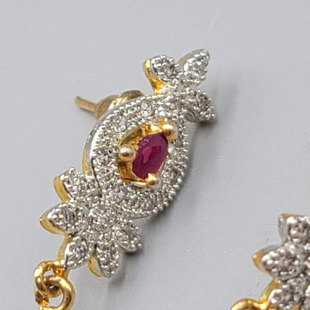 Bollywood Style Pierced Earrings Gold Plated Red Center Stone Dangle 1.25"