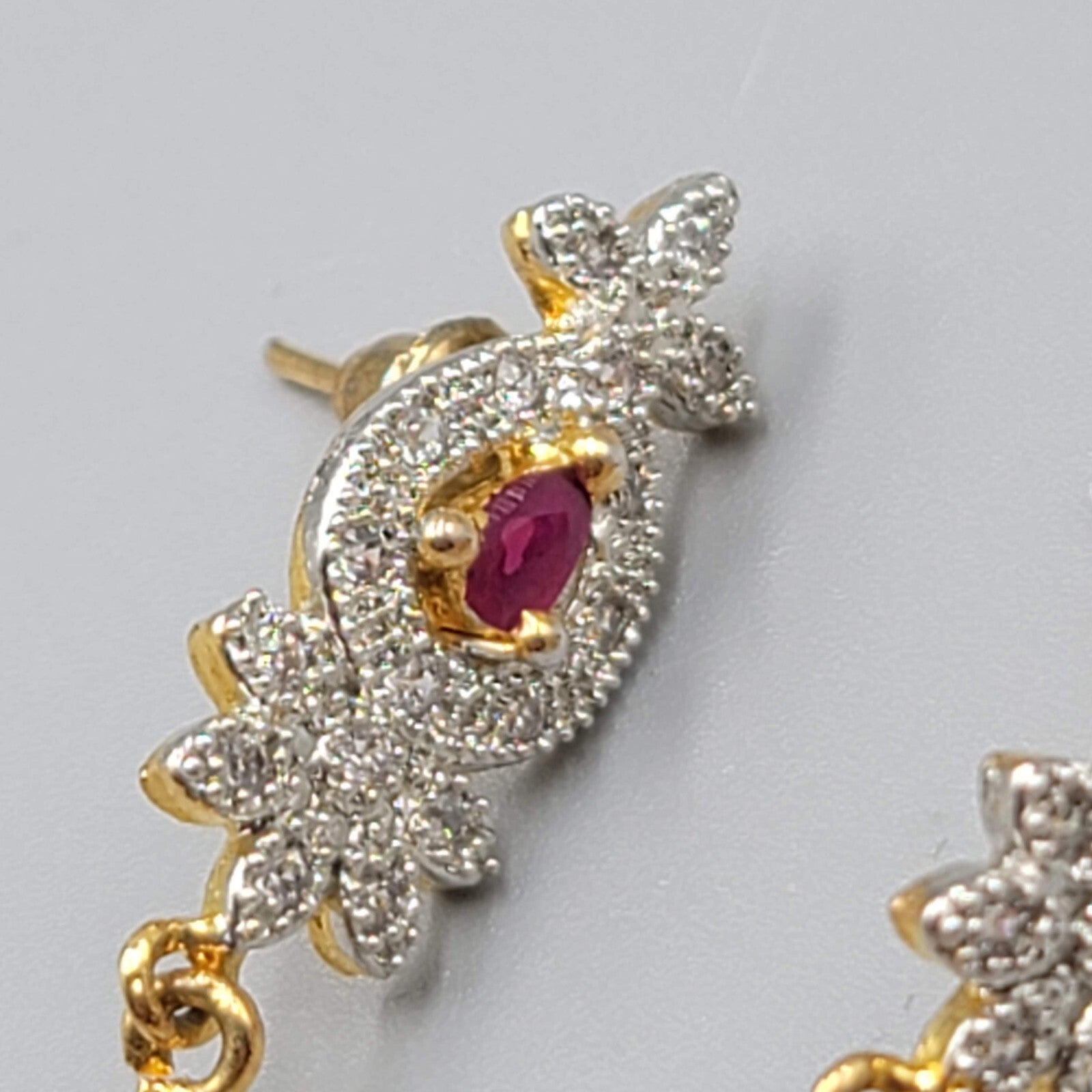 Bollywood Style Pierced Earrings Gold Plated Red Center Stone Dangle 1.25"