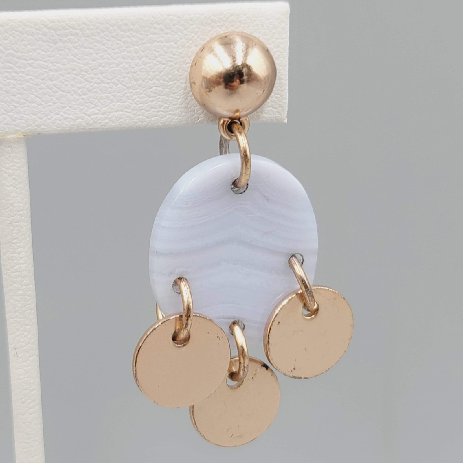 Modern Dangle Earrings Gold Tone Discs Blue Lace Agate Look Boho Chic Pierced 2"