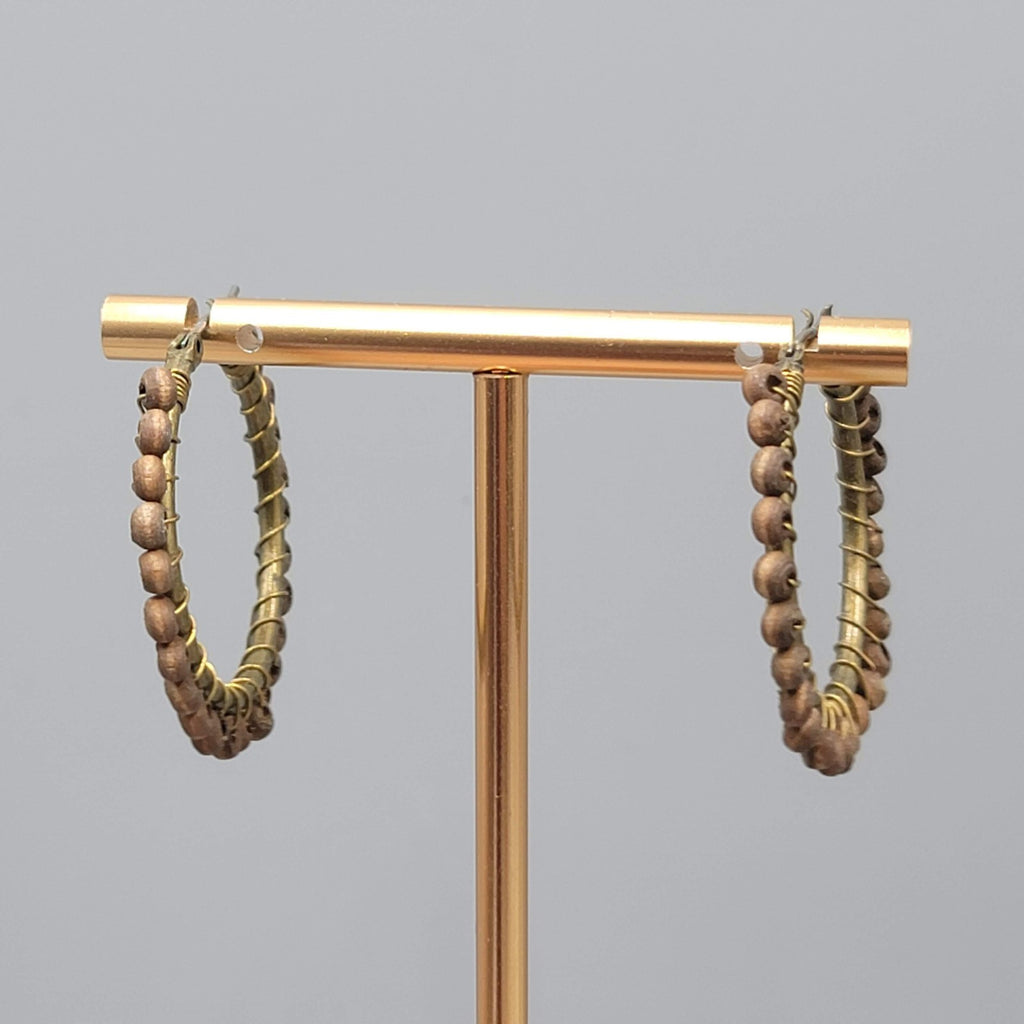 Wood Bead Hoops Pierced Earrings Bronze tone 1 3/8 in