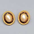 Vintage White Cabochon Pierced Earrings Enamel Yellow Gold Plated Drop 1 1/8"