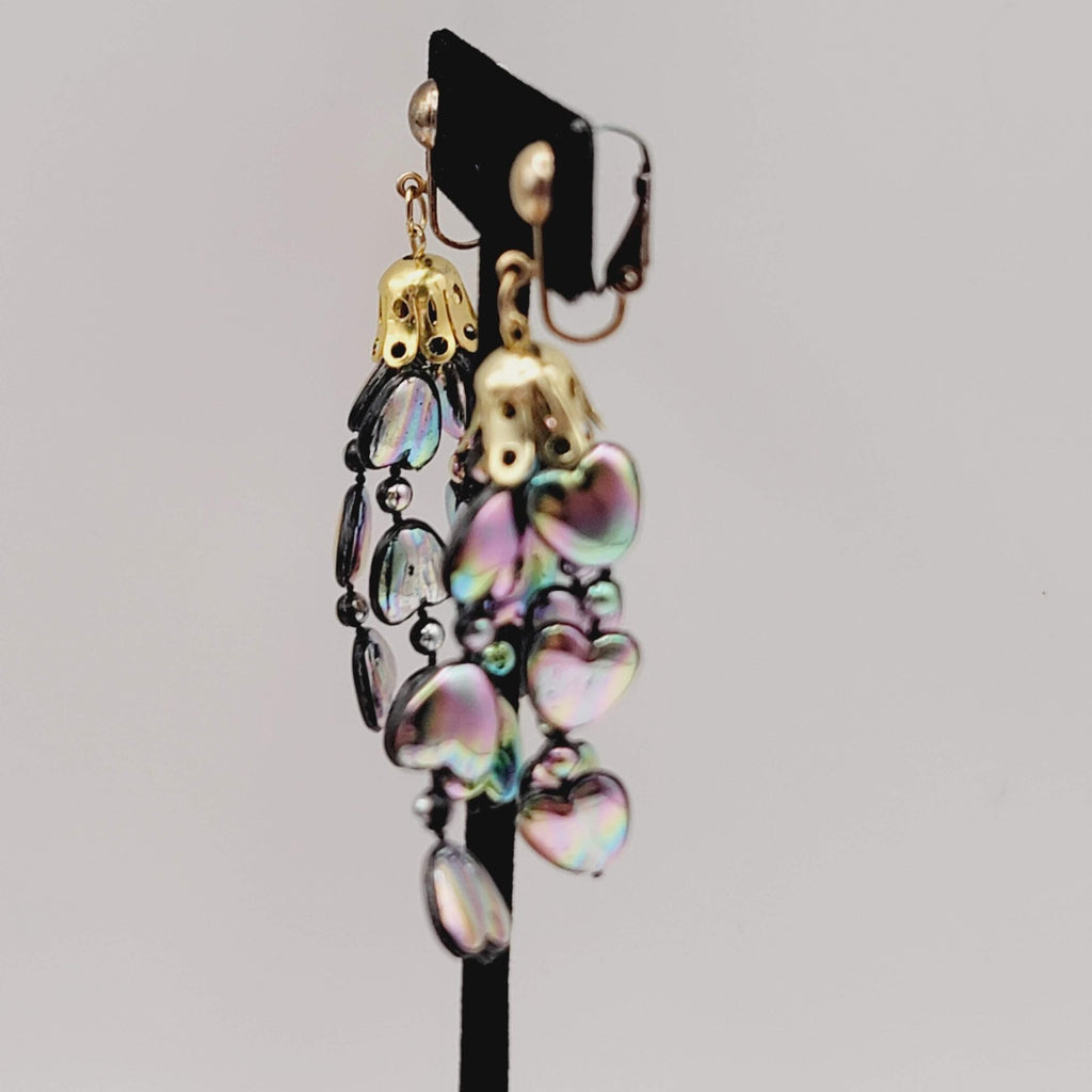Vintage Rainbow Hearts Clip on Earrings Gold tone Dangle 2 in