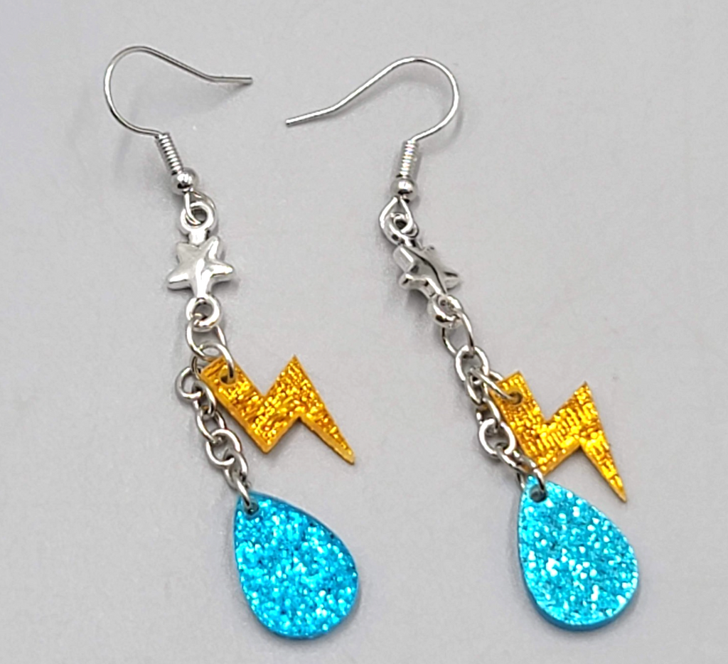 Rain Lighting Dangle Pierced Earrings Silver tone 1.75"