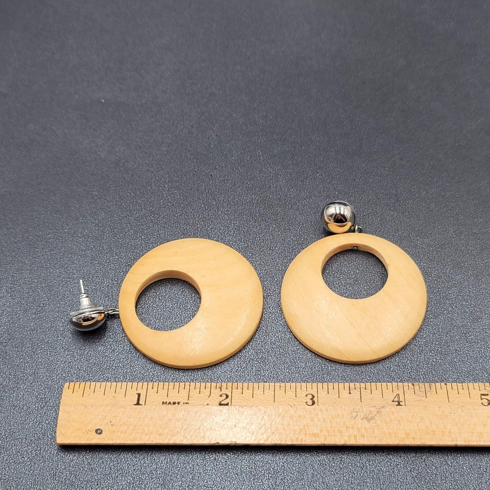 Pierced Earrings Silver tone Open Wood Hoops Dangle 1.75"
