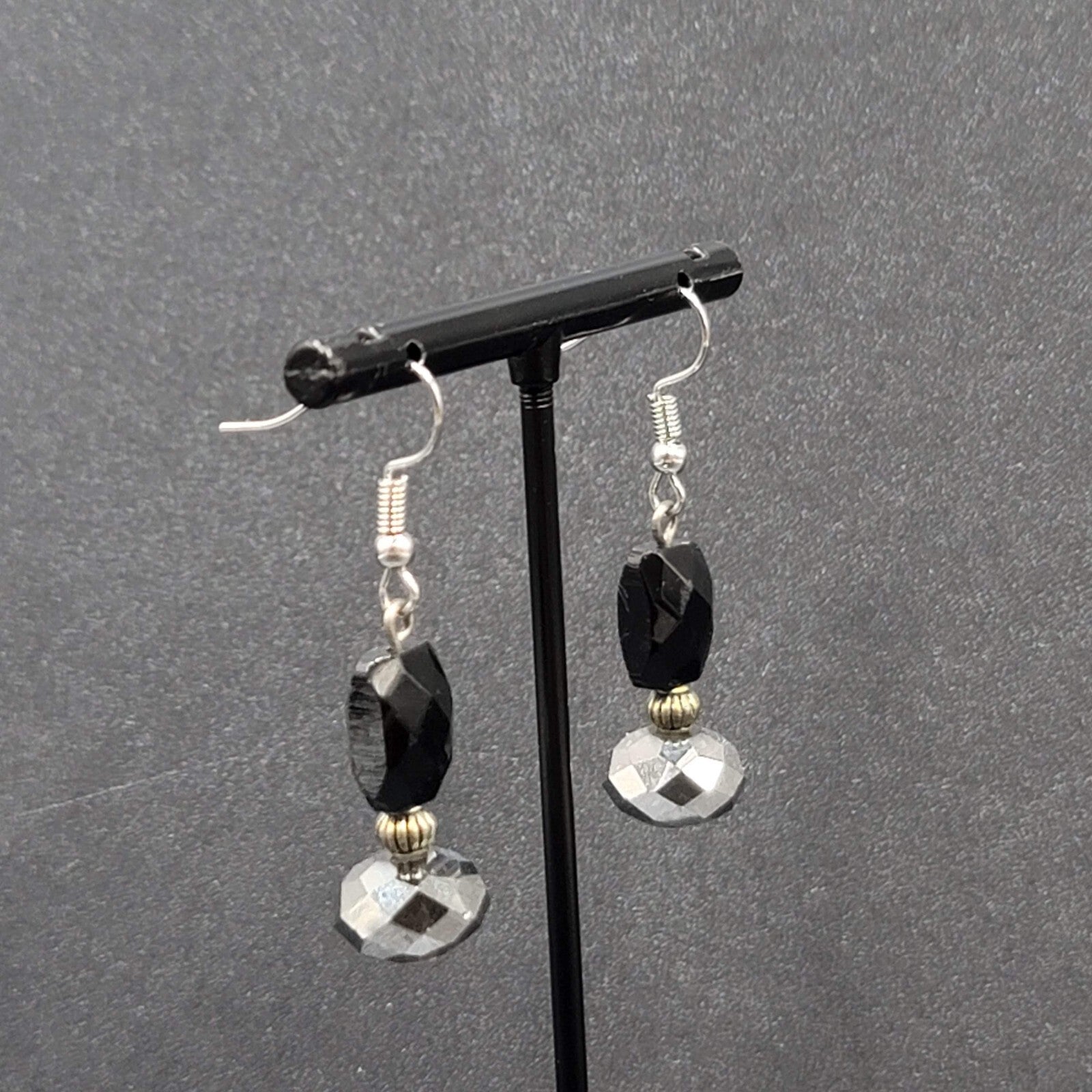 Pierced Earrings Black Glass Bead Silver tone Dangle 1.25"