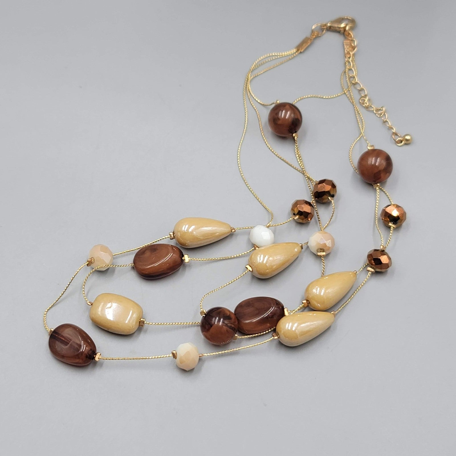 Brown Bead Station Necklace Gold tone Triple Layer 16"-18"