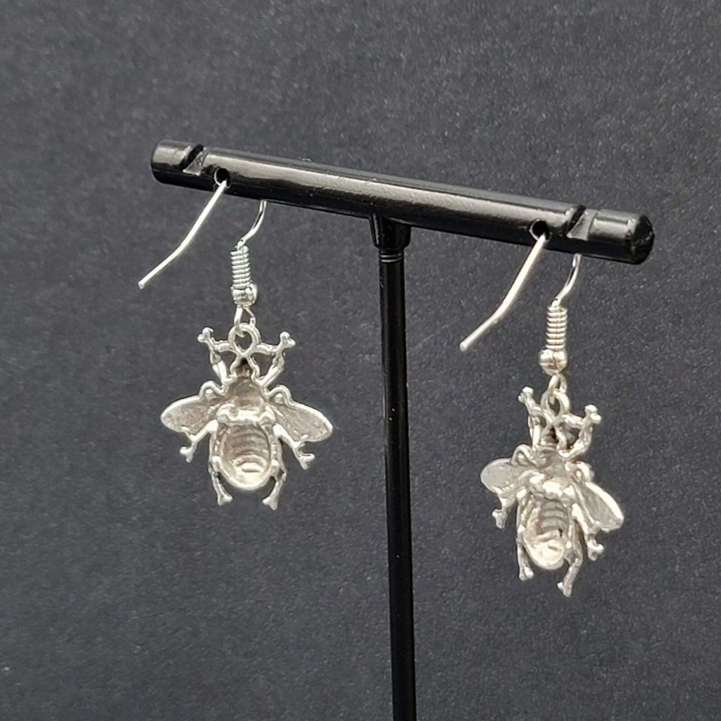 Bee Pierced Earrings Silver tone Fuzzy Embossed Dangle 7/8"