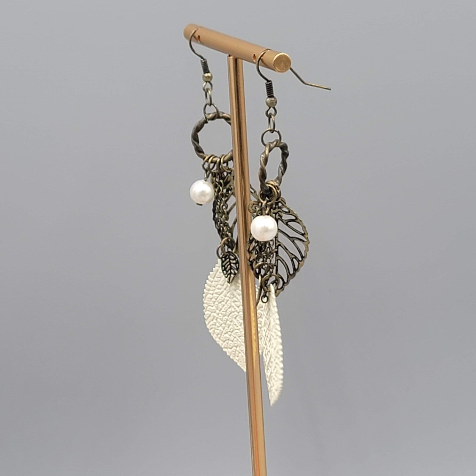 Boho White Enamel Leaf Pierced Earrings Bronze tone Dangle 3.25"