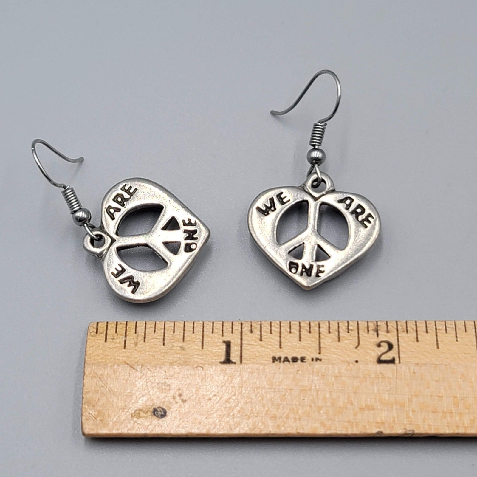 We Are One Peace Heart Pierced Earrings Silver tone Dangle 7/8"