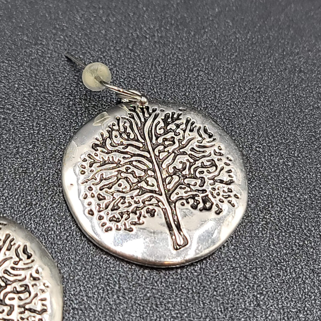 Pierced Earrings Silver tone Embossed Tree Round Dangle 1 1/8"