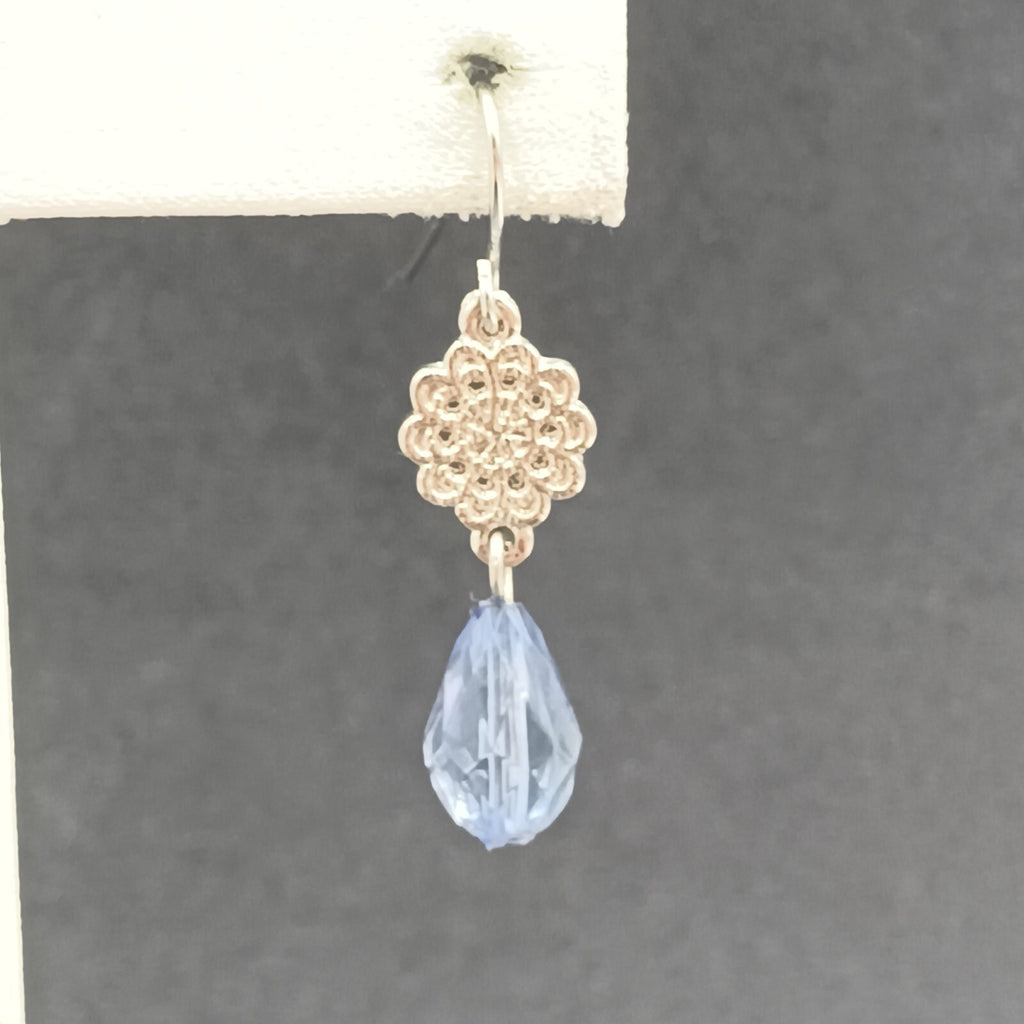 Pierced Earrings Silver tone Open Work Blue Faceted Glass Bead Dangle 1 1/4"