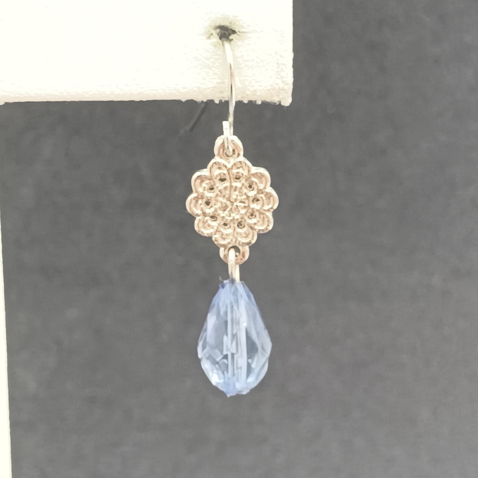 Pierced Earrings Silver tone Open Work Blue Faceted Glass Bead Dangle 1 1/4"