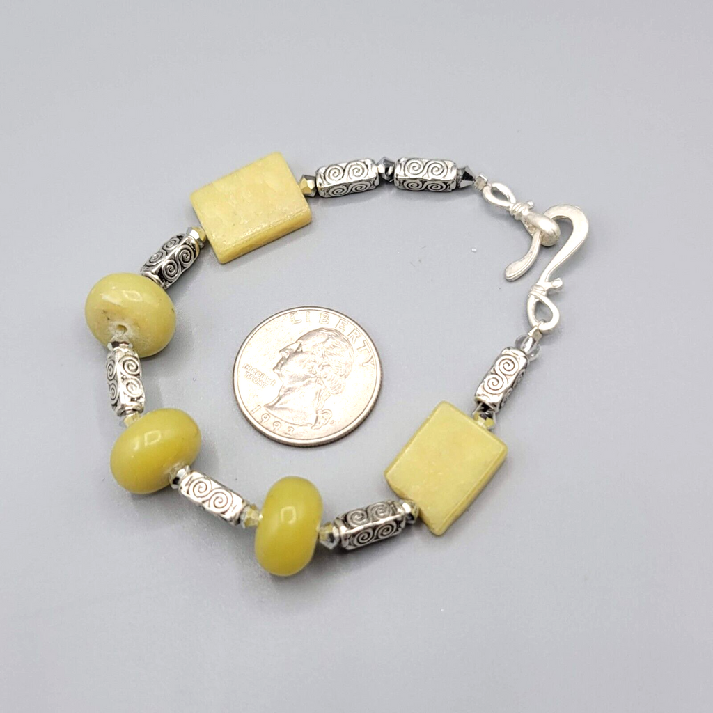 Chunky Yellow Stone Bead Bracelet Silver tone Artisan Jewelry 7.5"