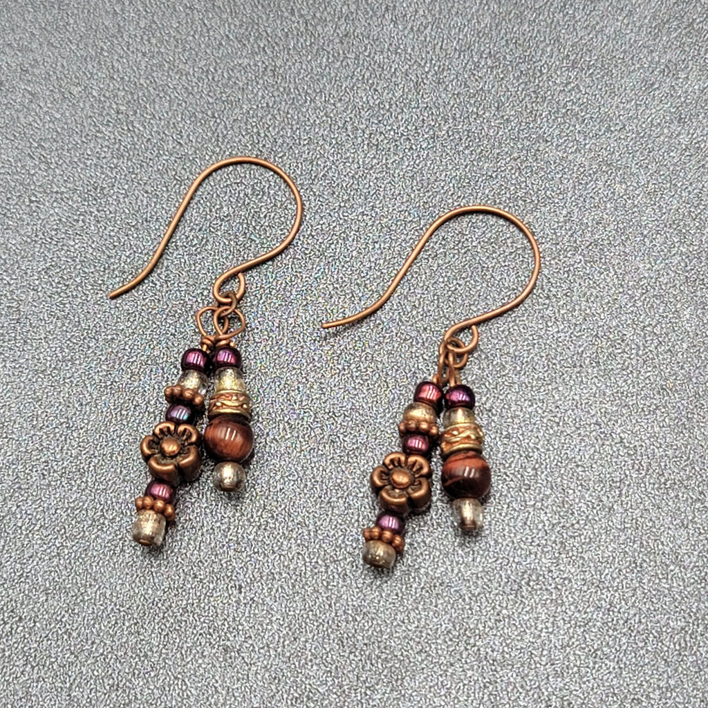 Pierced Earrings Copper tone Red Bead Dangle Flower  1.25"