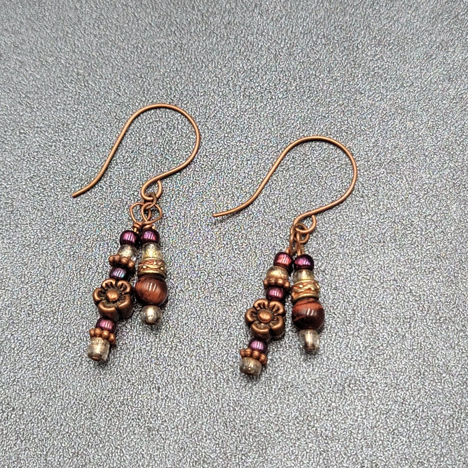 Pierced Earrings Copper tone Red Bead Dangle Flower  1.25"