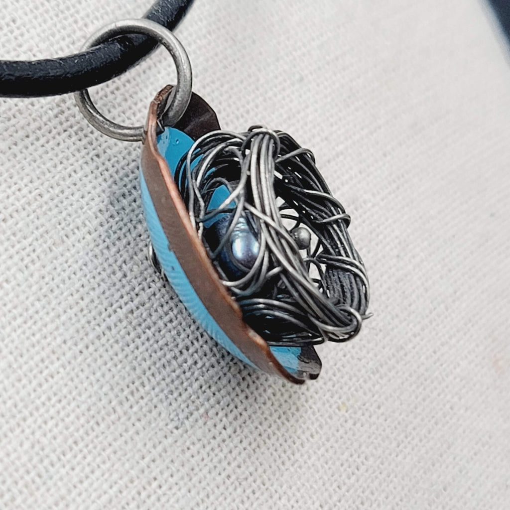 Artisan Birds Nest Necklace Leather Cord Blue Enamel Black Pearl 16"