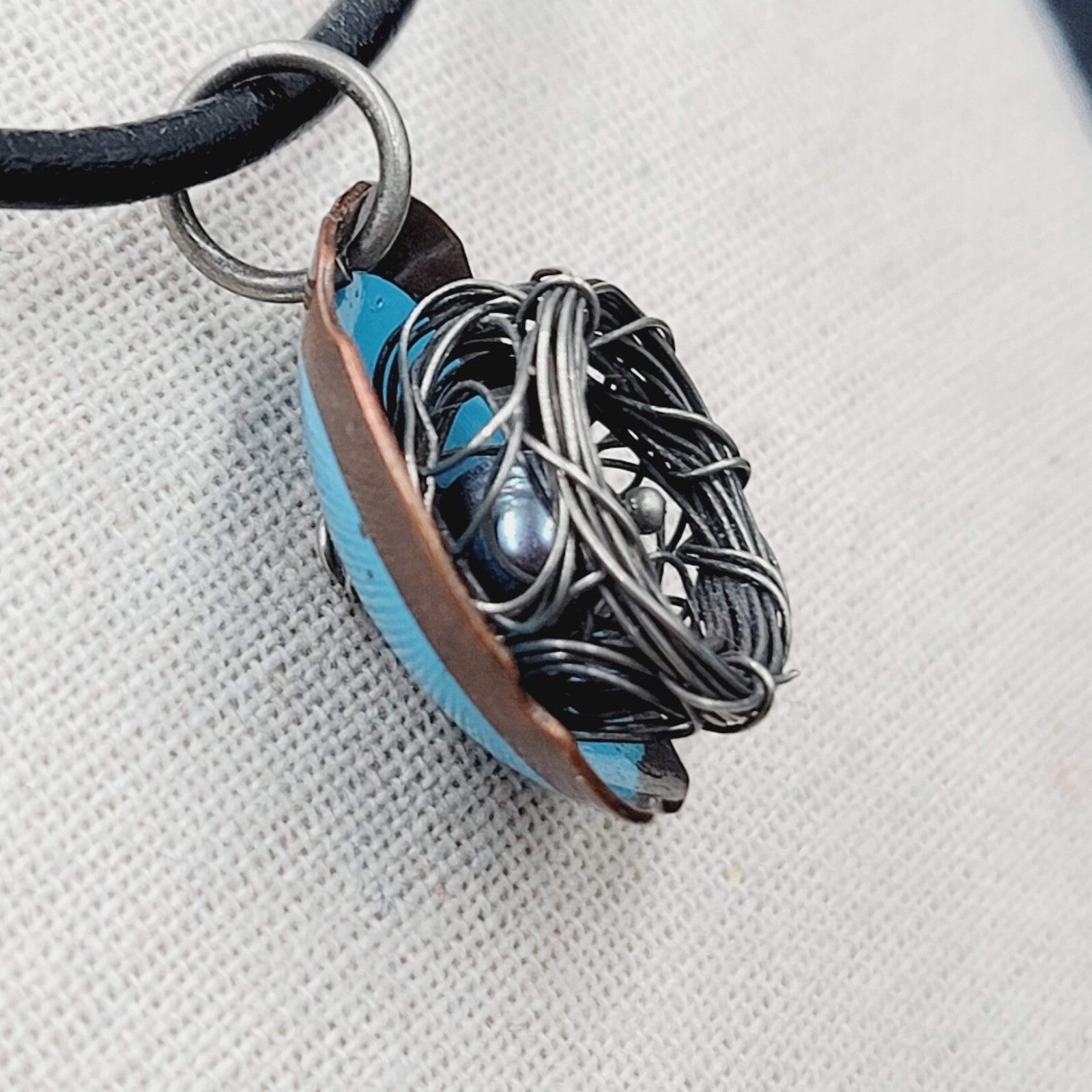 Artisan Birds Nest Necklace Leather Cord Blue Enamel Black Pearl 16"