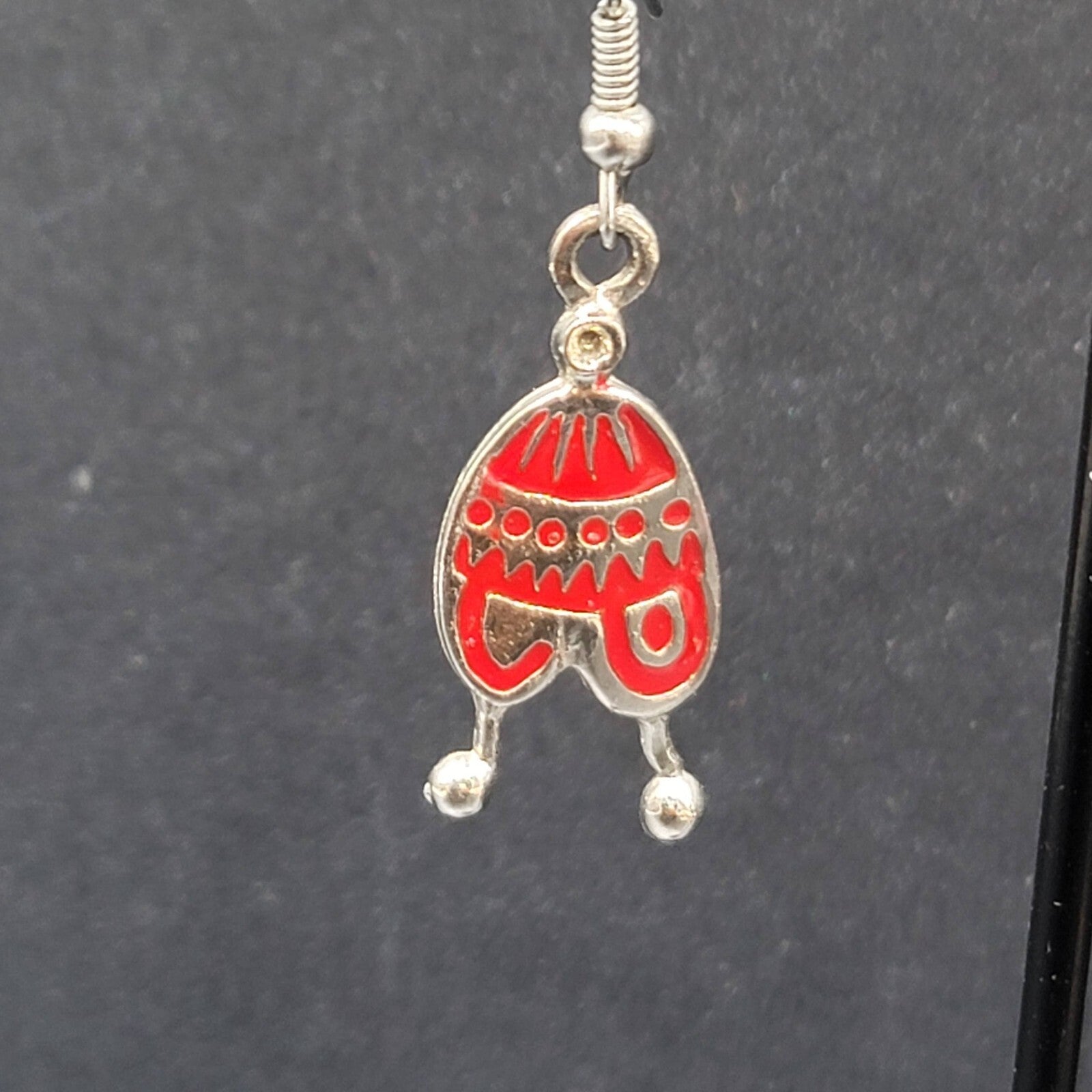 Pierced Earrings Silver tone Red Enamel Winter Hat Dangle 1 1/8"