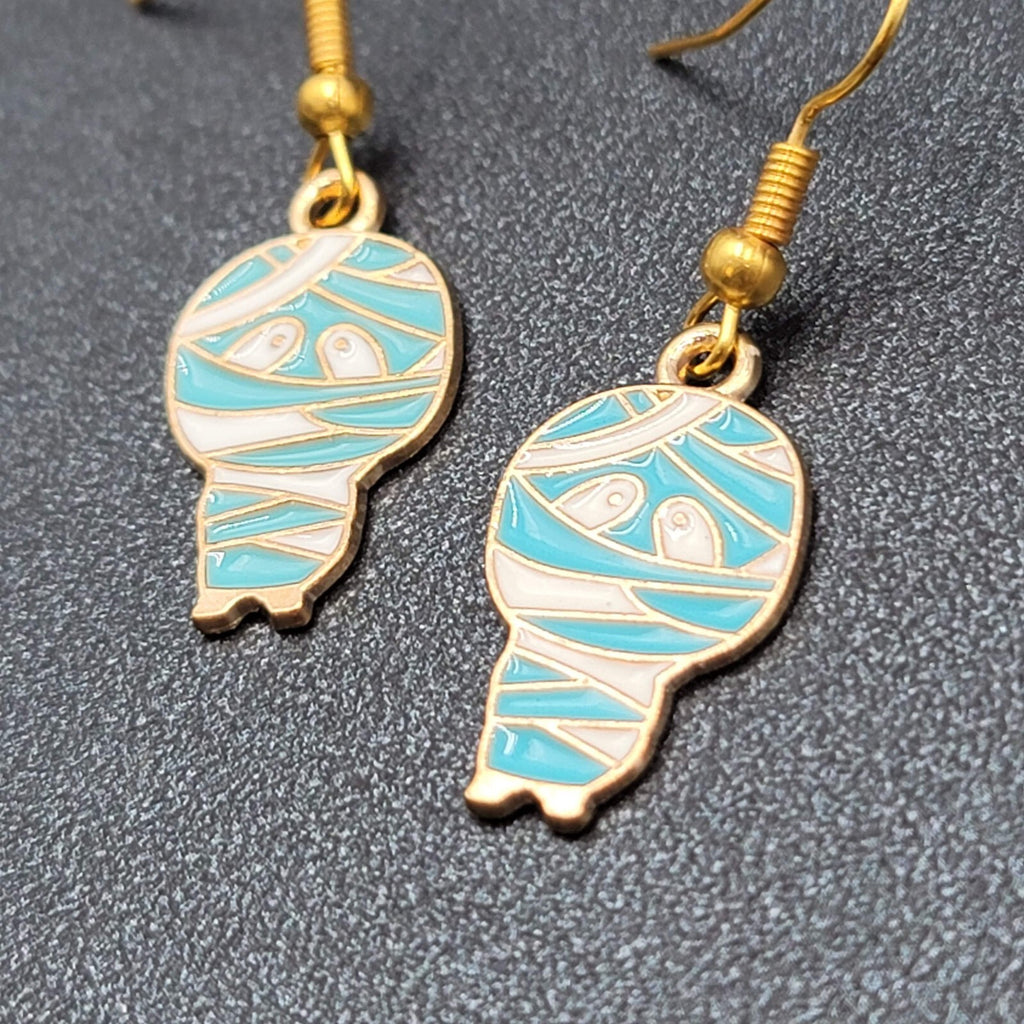 Halloween Mummy Pierced Earrings Gold tone Enamel Dangle 7/8"