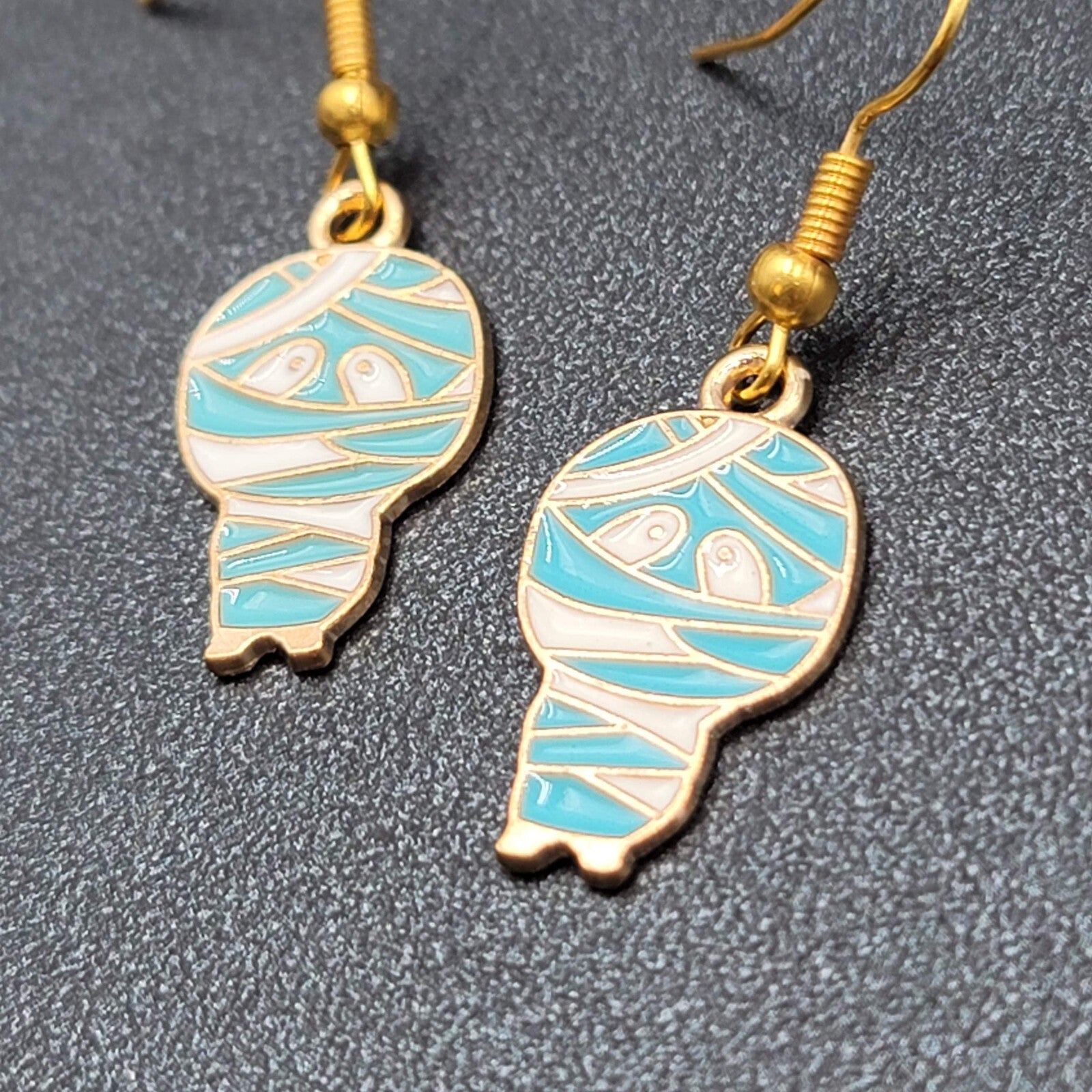 Halloween Mummy Pierced Earrings Gold tone Enamel Dangle 7/8"