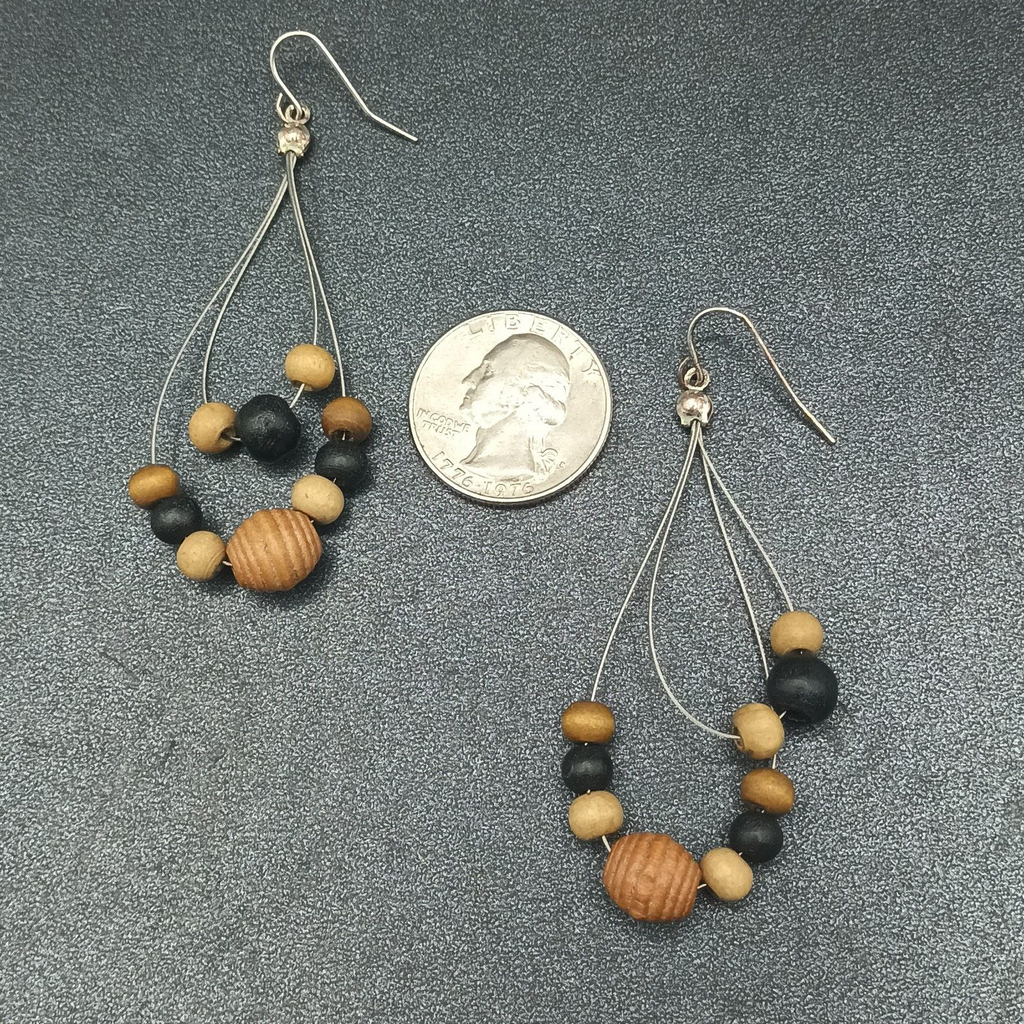 Pierced Earrings Silver tone Wood Beaded Wire Loop Dangle 2 3/8"