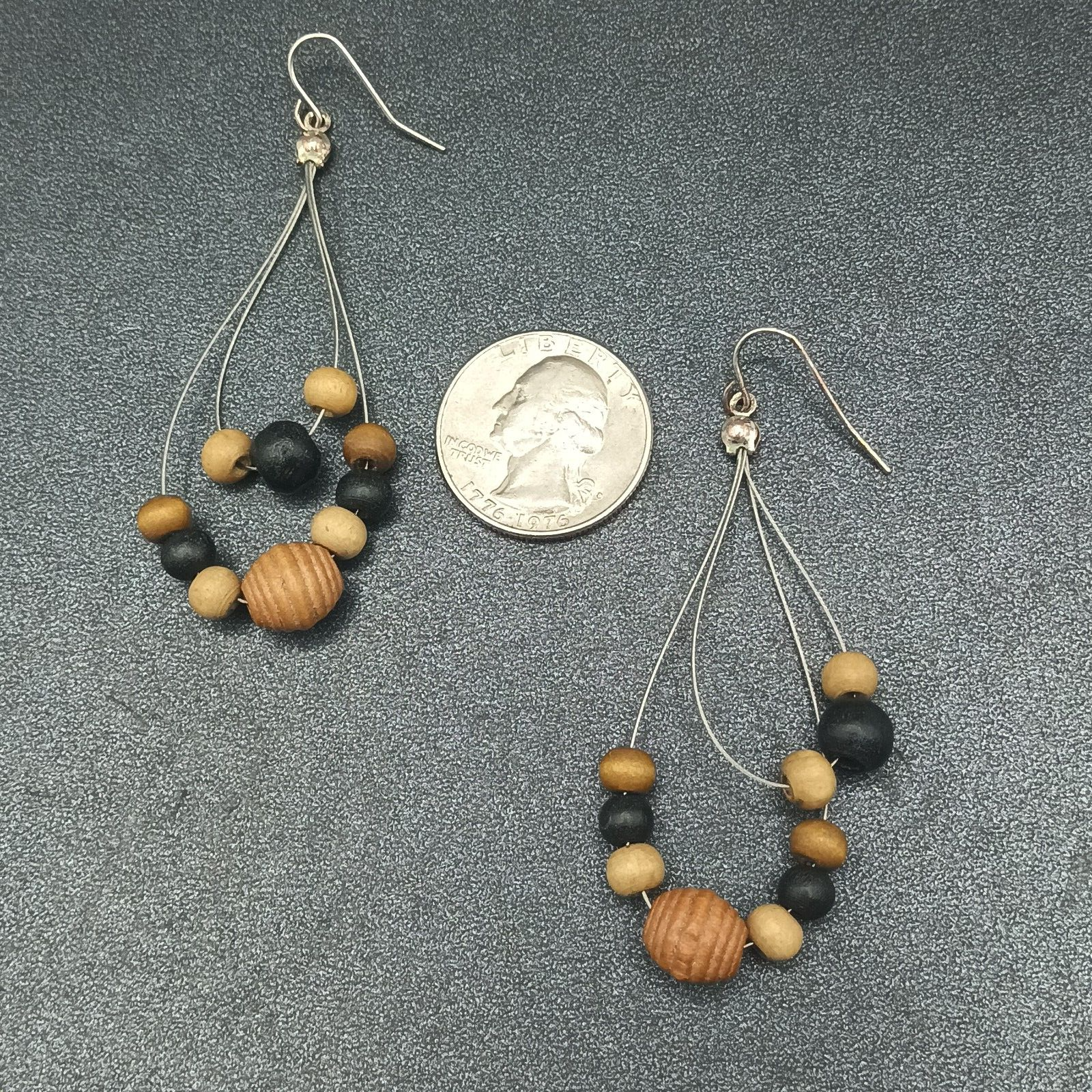 Pierced Earrings Silver tone Wood Beaded Wire Loop Dangle 2 3/8"