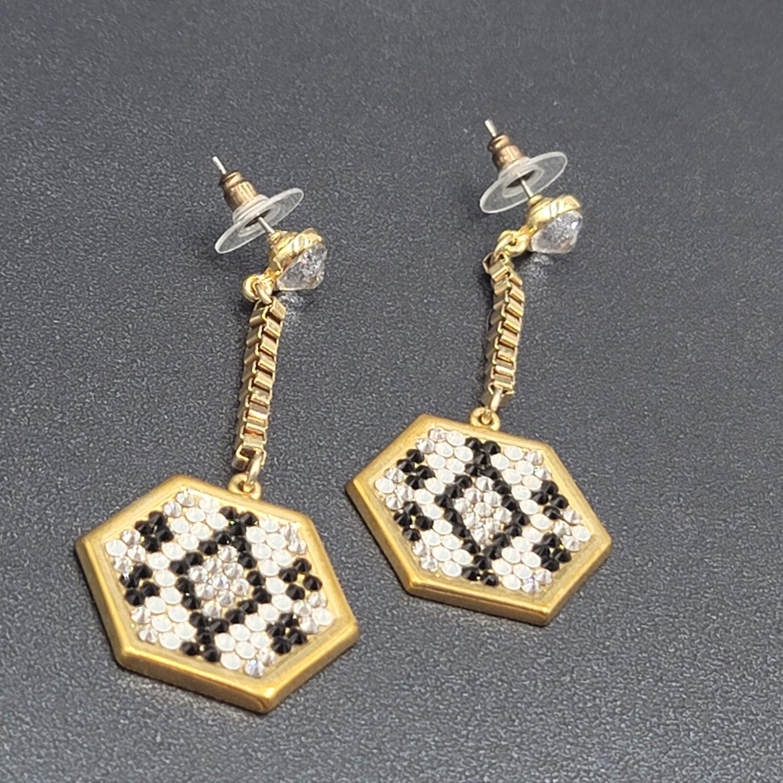 Pierced Earrings Gold Plated Rhinestone Studded Hexagon Dangle Chain Signed 