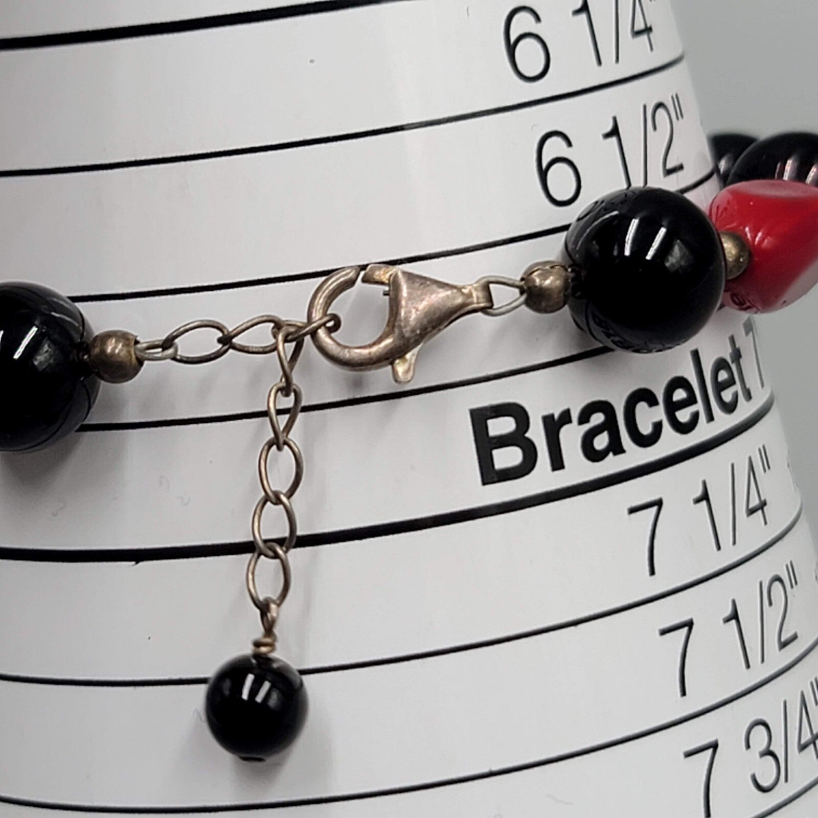 Black and Red Glass Bead Bracelet Sterling Silver 6.5" - 7.5"