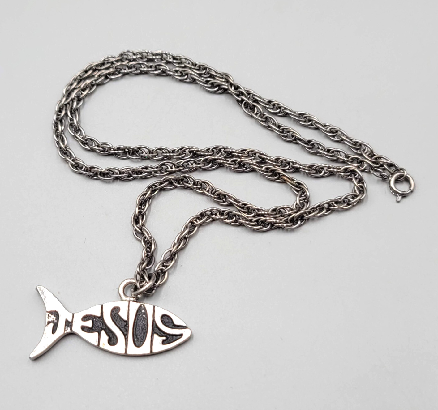 Vintage Jesus Necklace Silver tone Fish Shape Pendant 25" Estate Costume