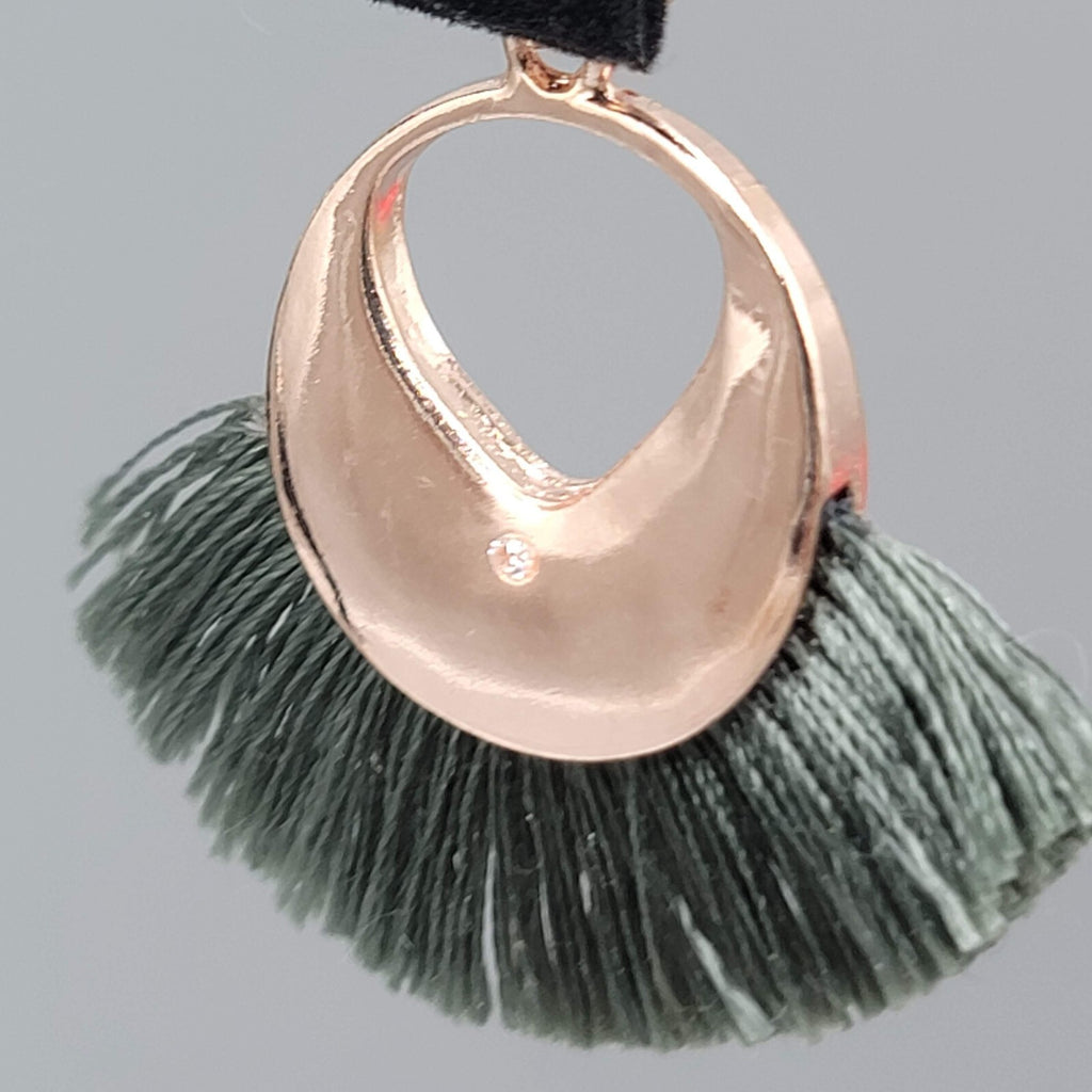 Green Tassel Pierced Earrings Rose Gold tone Dangle 1.75"