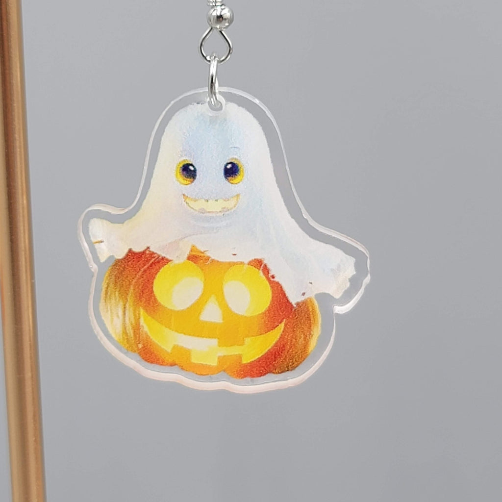 Halloween Ghost Pumpkin Pierced Earrings Silver tone Dangle 1.5 in