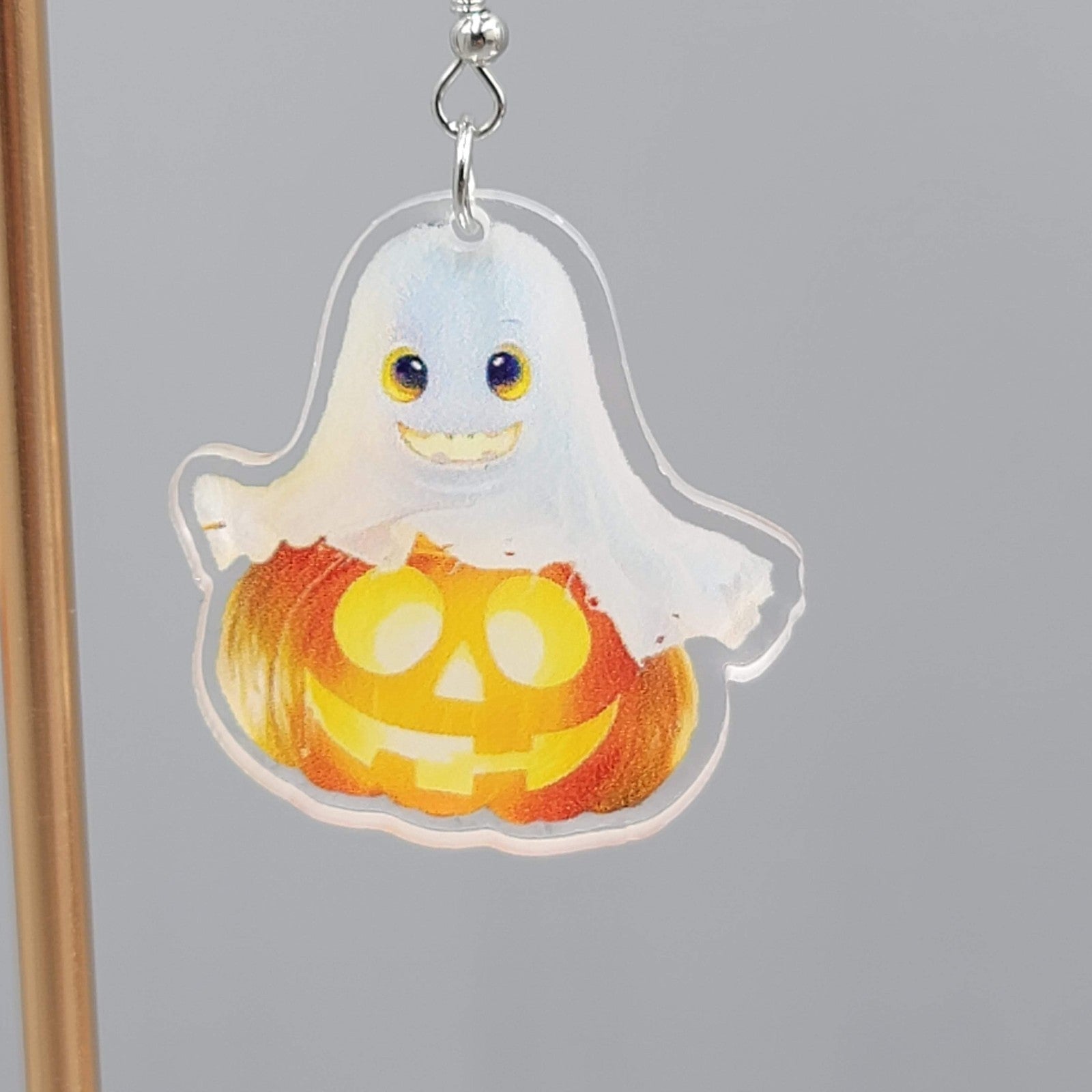 Halloween Ghost Pumpkin Pierced Earrings Silver tone Dangle 1.5 in