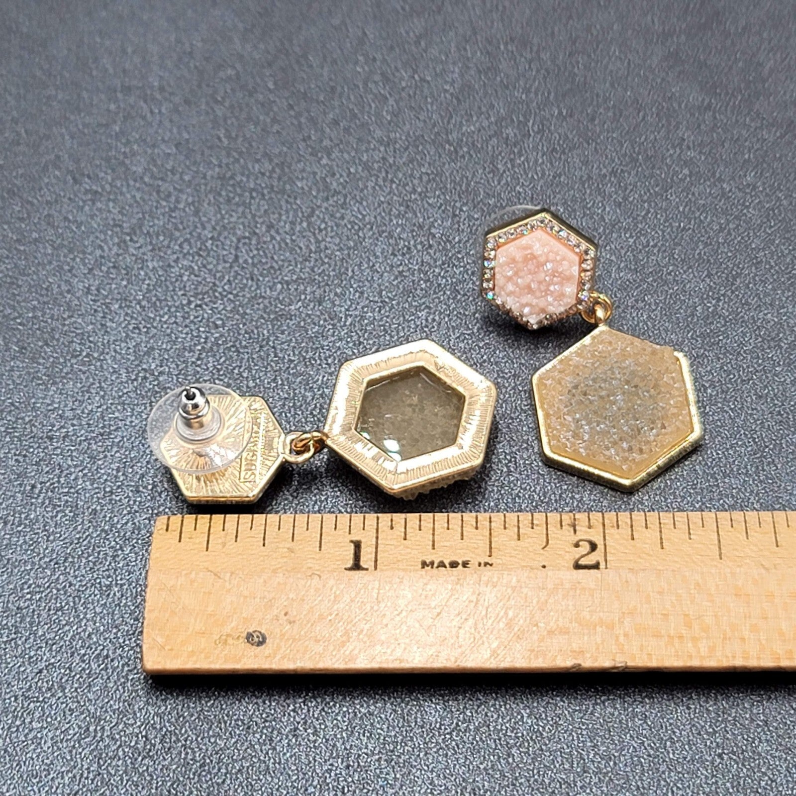 Sugar Fix Pierced Earrings Acrylic Pink Druzy Hexagon Dangle Gold tone 1.5"
