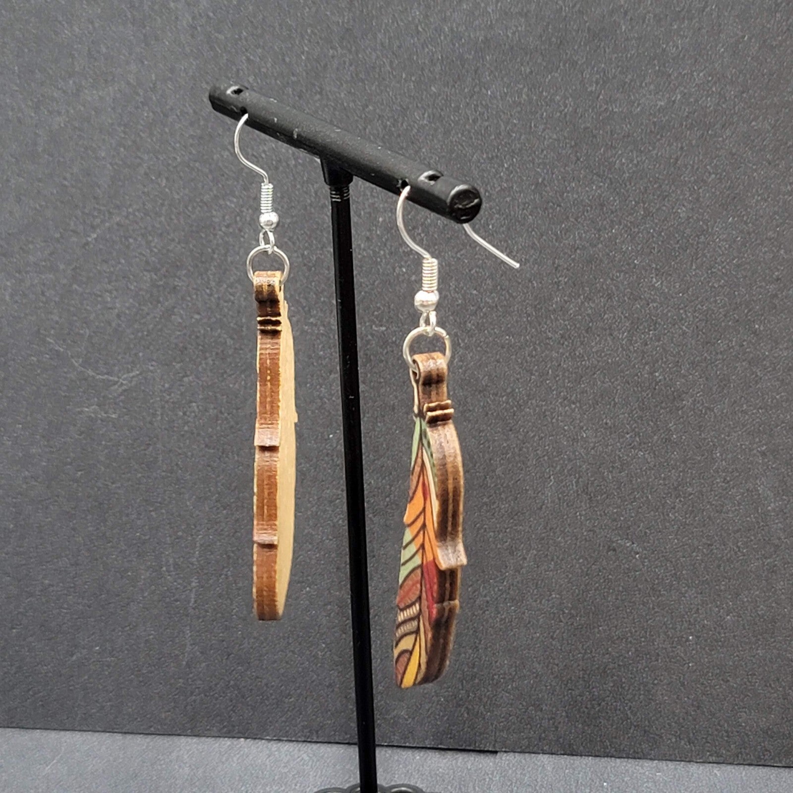 New Boho Pierced Earrings Wood Cut Feather Multicolor Dangle 2"