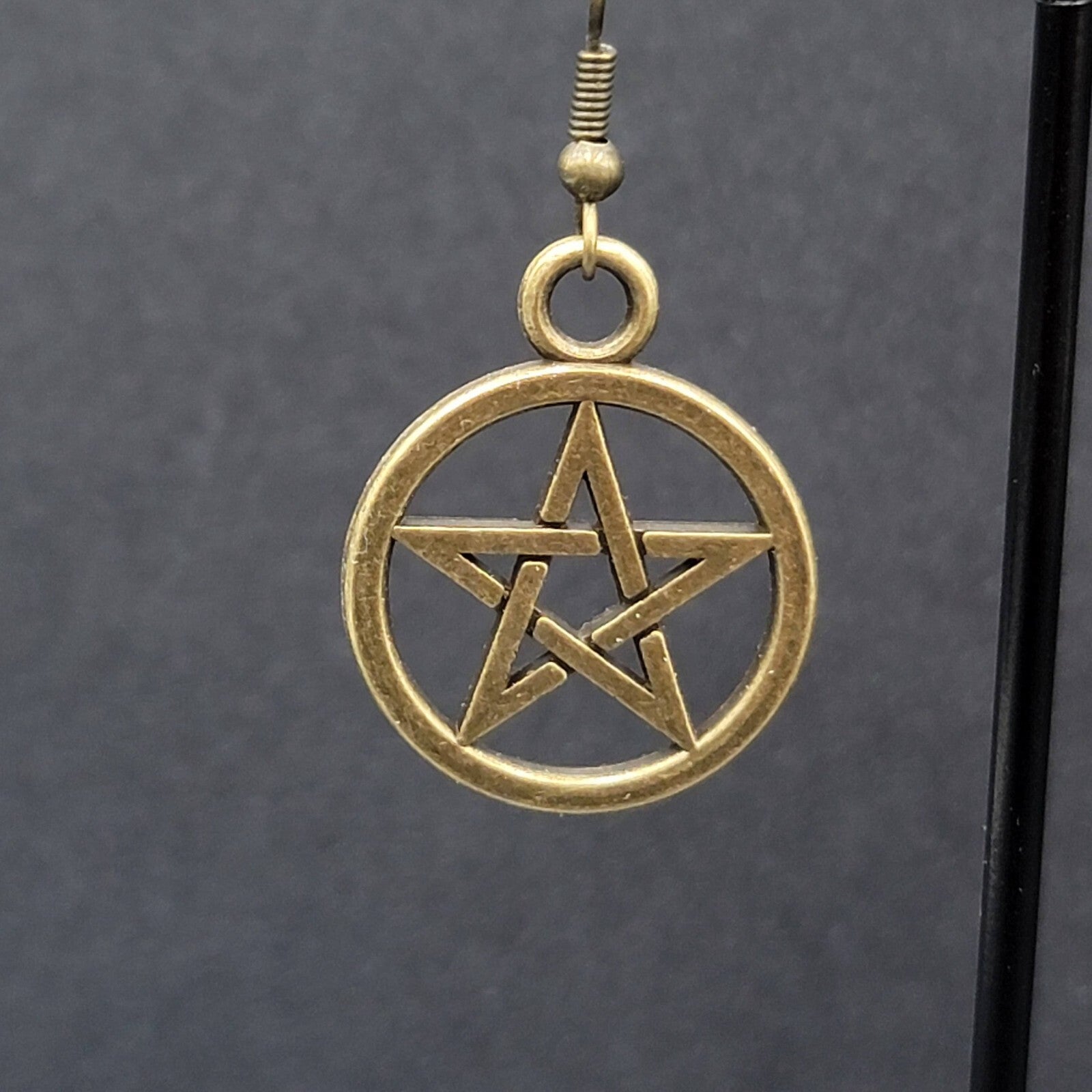 New Pentagram Pierced Earrings Pentacle Star Bronze tone Dangle 1"