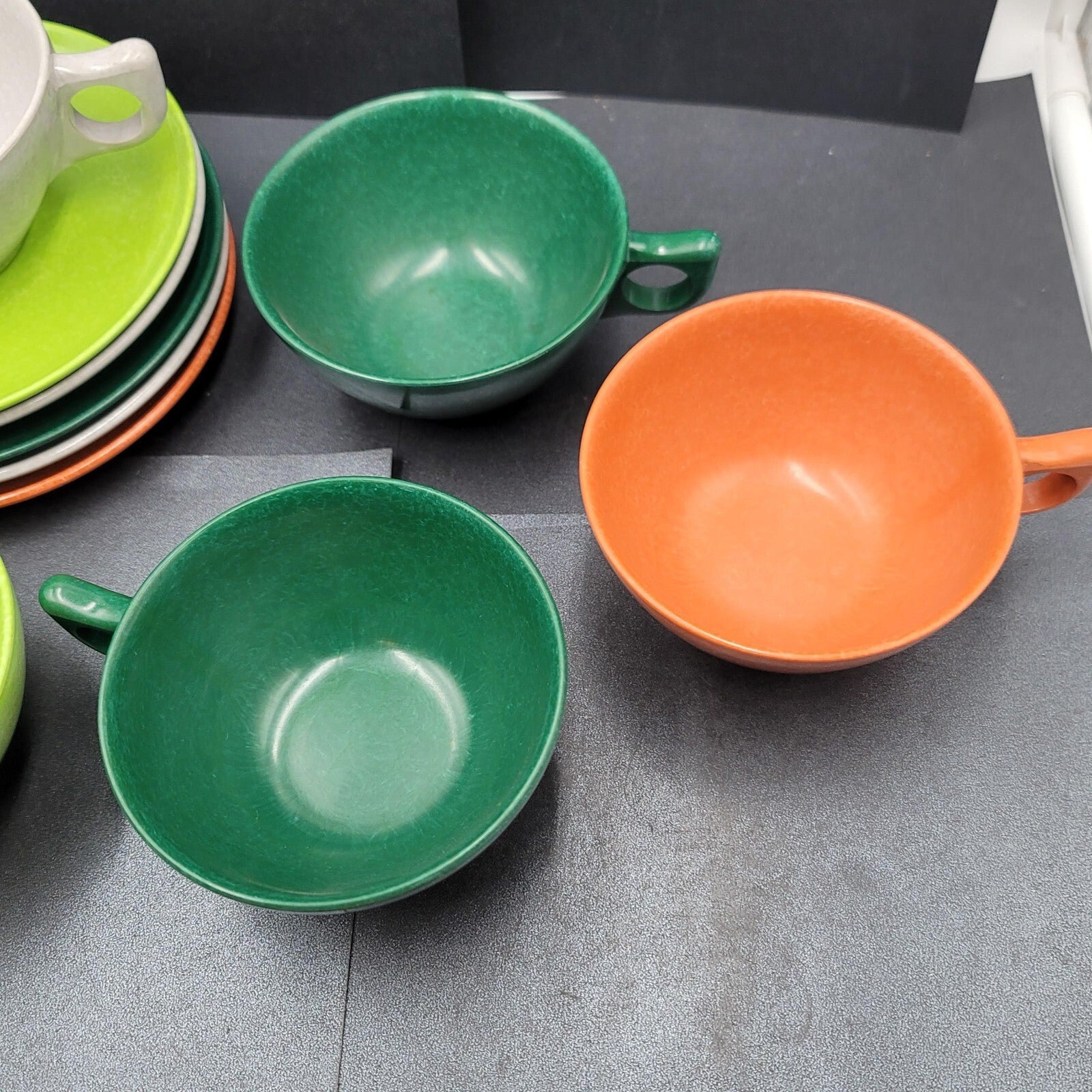 Vtg Melmac Coffee Cups Color Flyte by Branchell Creamer Sugar Saucers 12 pc